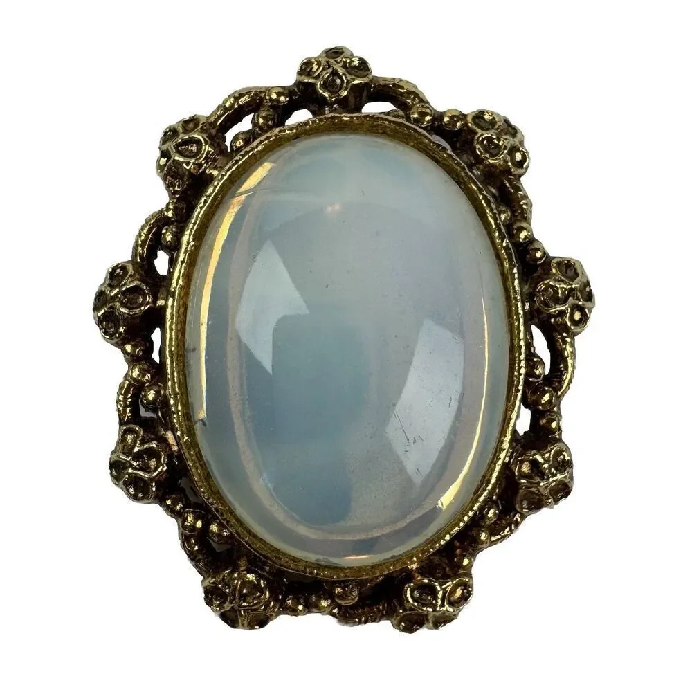 Vintage Opalescent Cabochon Brooch Gold Tone Ornate Oval Pin